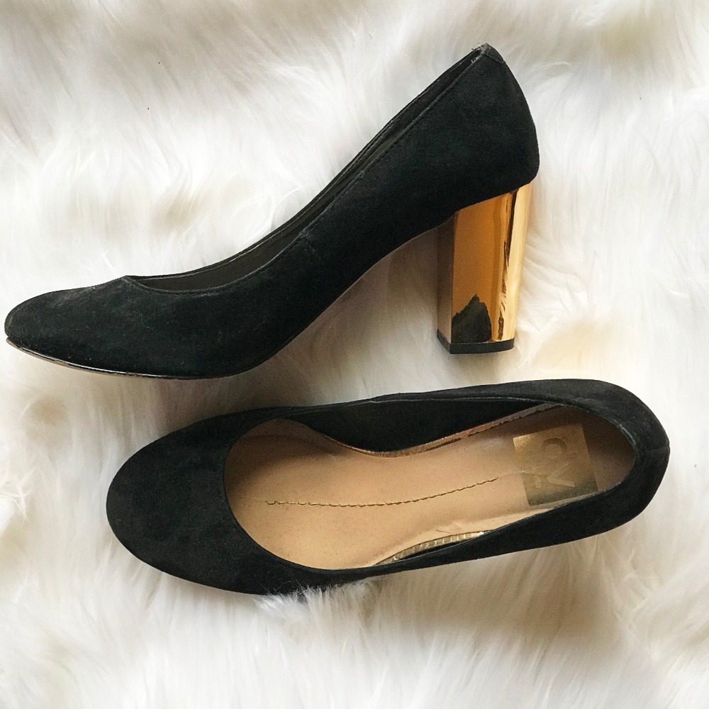Black Round-Toe Pumps with Metallic Gold Heels DV